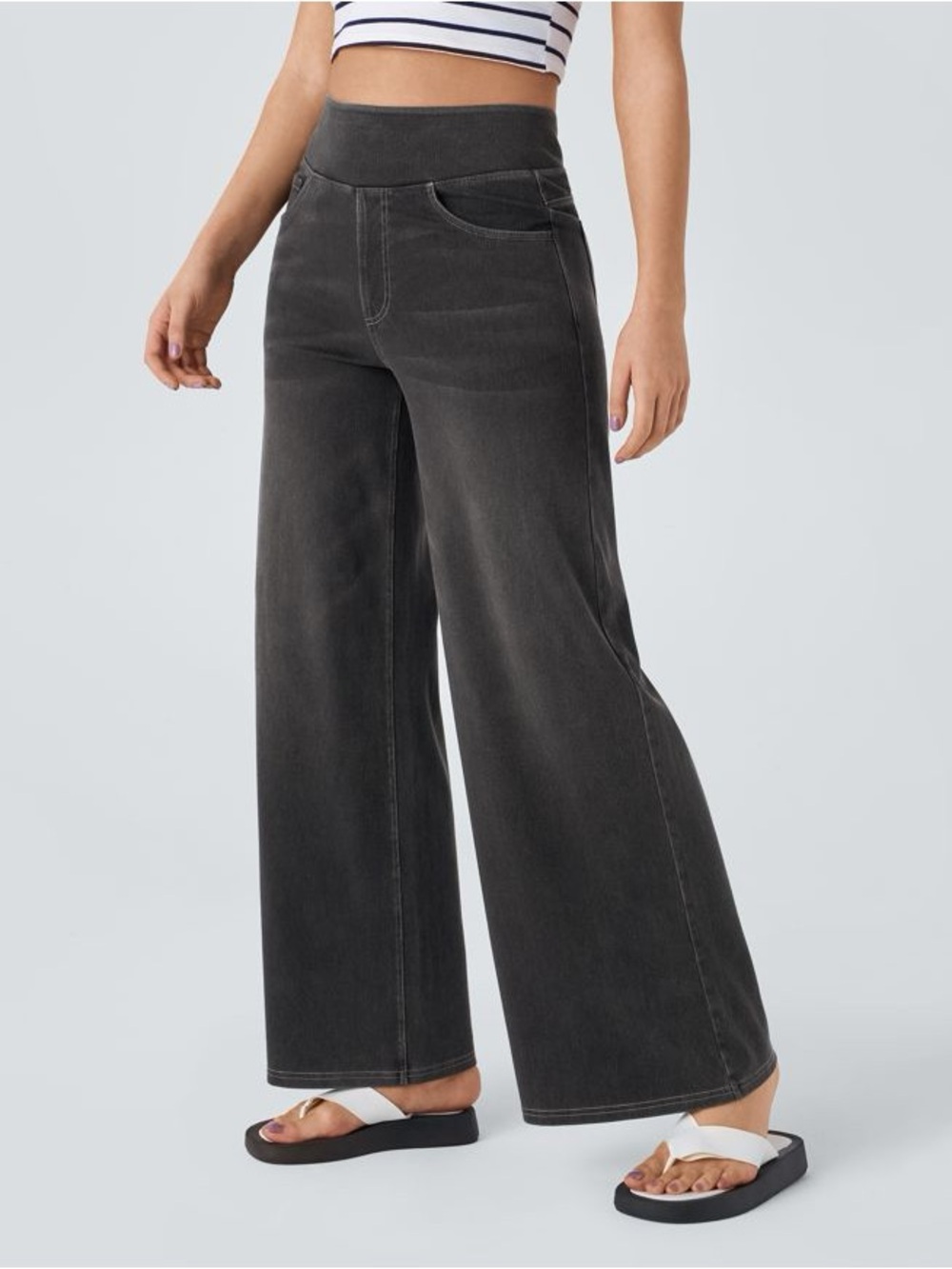 Halara Flex™ High Waisted Pockets Baggy Wide Leg Washed Casual Jeans | Small